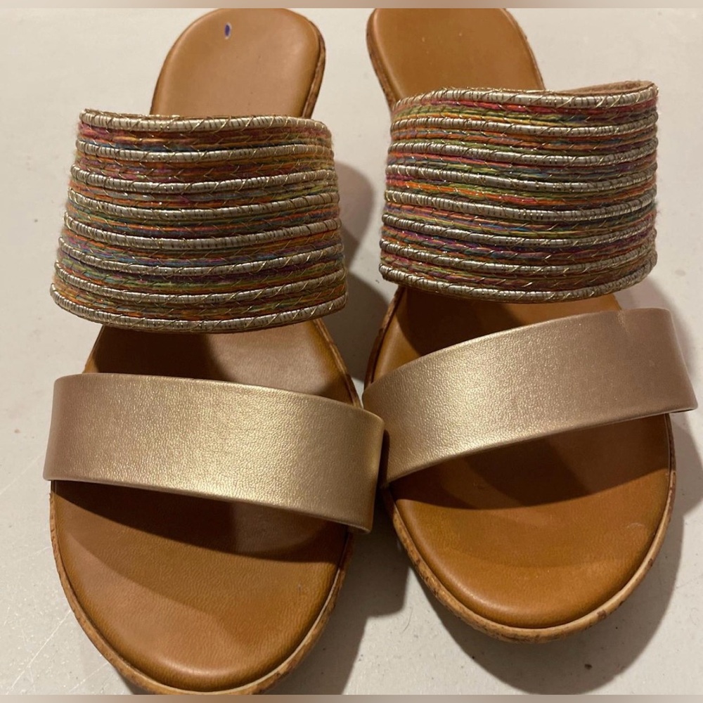 Women’s Metallic Gold Slide Sandals with Multicolor Upper Strap